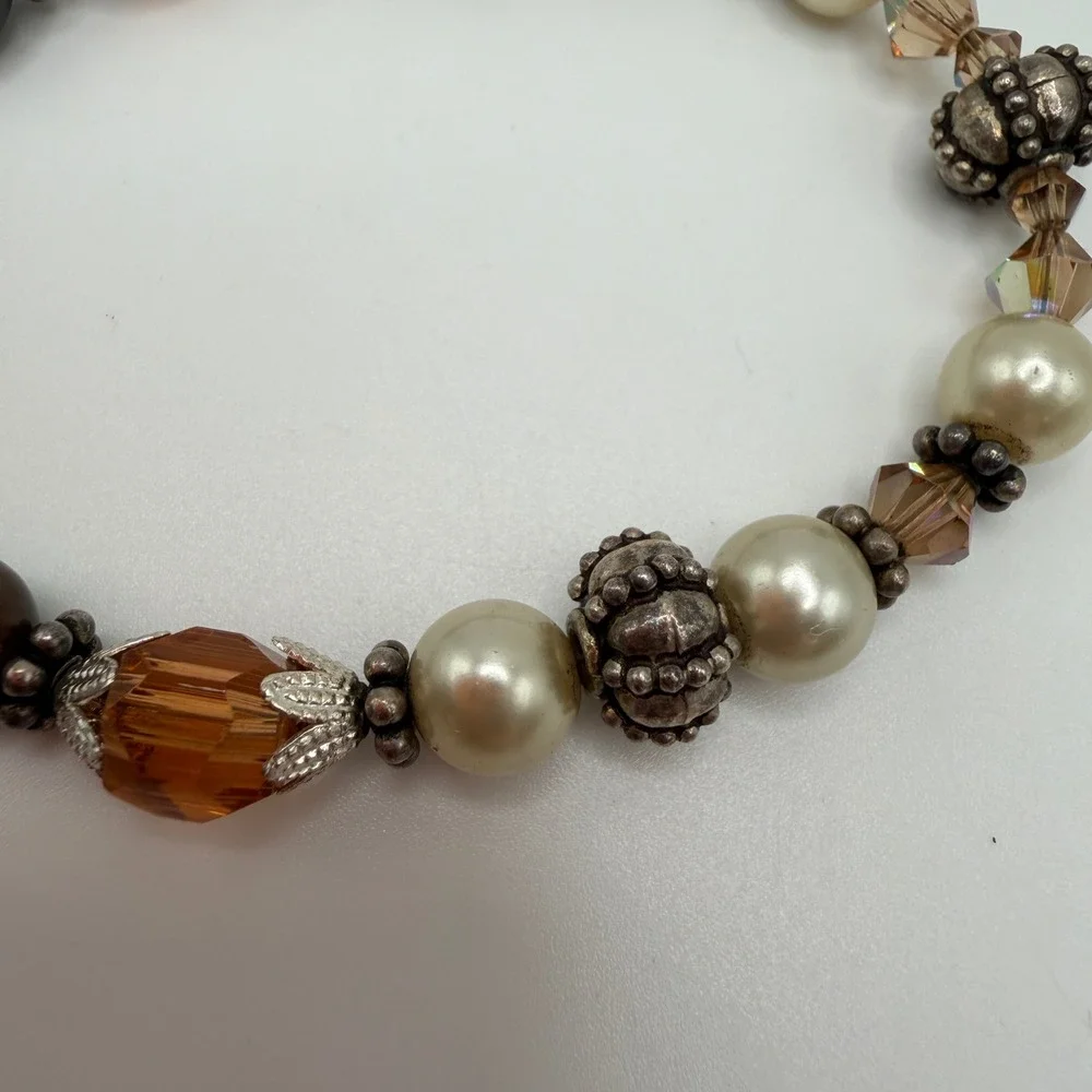 Vintage Style Beaded Cross Toggle Bracelet Cream Pearl Amber Crystal Silver Tone